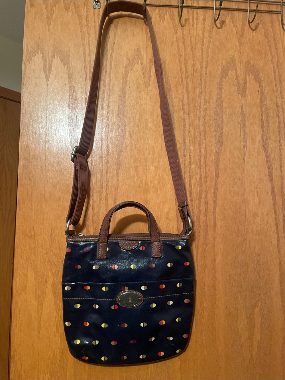 Fossil Navy Crossbody with Brown Trim and Multicolor Dot Print
